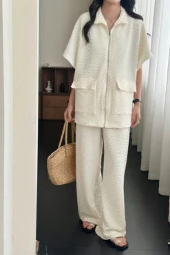 Naira Pearl Textured Suit With Zipper | HS-1239