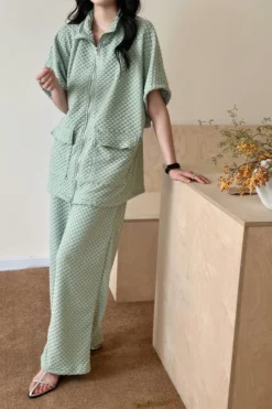 Naira Pistachio Textured Suit With Zipper | HS-1240