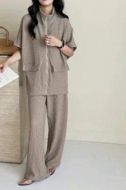 Roohi Mocca Mousse Textured Suit With Full Zipper | HS-1242