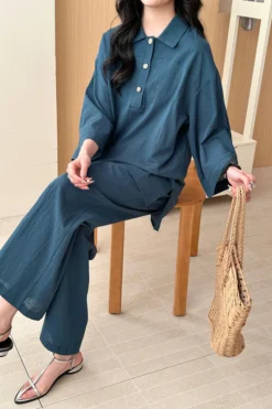 Alternative view of Liggi Cotton Linen Textured Set Dark Teal | HS-1459