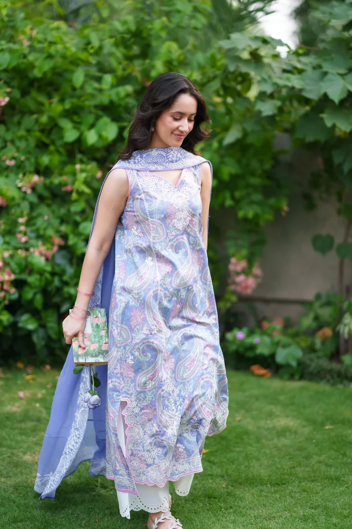 Periwinkle Luxury Embroidered Printed Premium Cotton 3PCS SET (NEL-26626) - Image 2