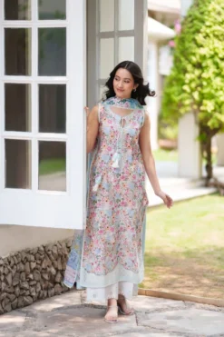 Soft Blue Luxury Embroidered Printed Premium Cotton 3PCS SET (NEL-26628)