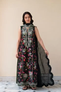 Blooming Black Luxury Embroidered Printed Premium Cotton 3PCS SET (NEL-26629)