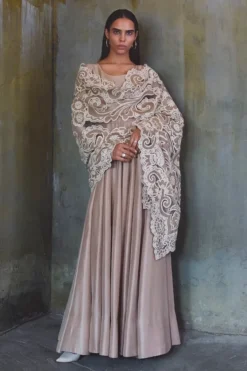 Coffee beige raw silk anarkali set