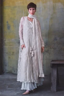 Ivory floral thread embroidered jacket set