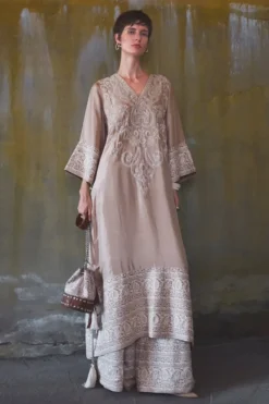 Coffee beige tilla-thread embroidery kurta set