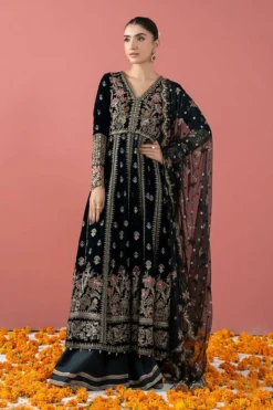 3 Piece Embroidered Velvet Suit | SFW2501-GRN