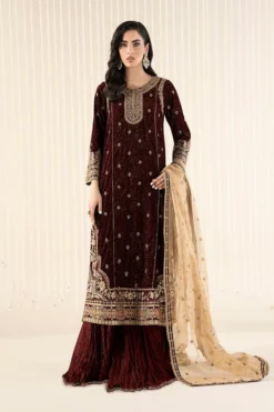 3 Piece Embroidered Velvet Suit | SFW2509-MRN