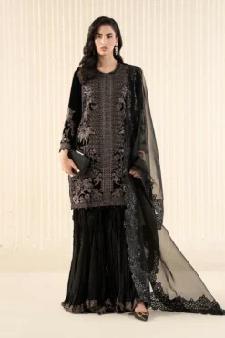 3 Piece Embroidered Velvet Suit | SFW2512-BLK