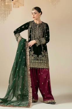 3 Piece Embroidered Velvet Suit | SR12522-GRN