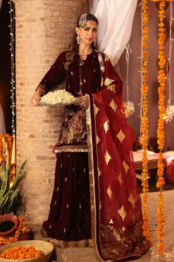 3 Piece Embroidered Velvet Suit | SFW2543-MRN