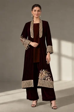 3 Piece Embroidered Velvet Suit | SFW2638-MRN