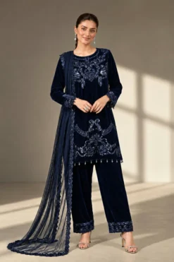 3 Piece Embroidered Velvet Suit | SFW2642-BLU